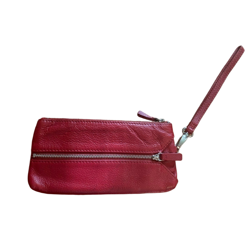 Danier Red Pebbled Genuine Leather Zip Wristlet Clutch Wallet